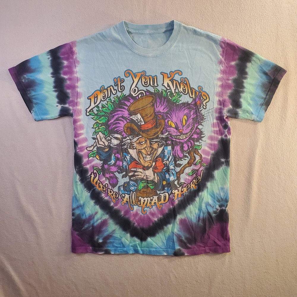 Liquid Blue Alice in Wonderland Tie Dye Graphic T-Shirt Mens Medium Mad Hatter